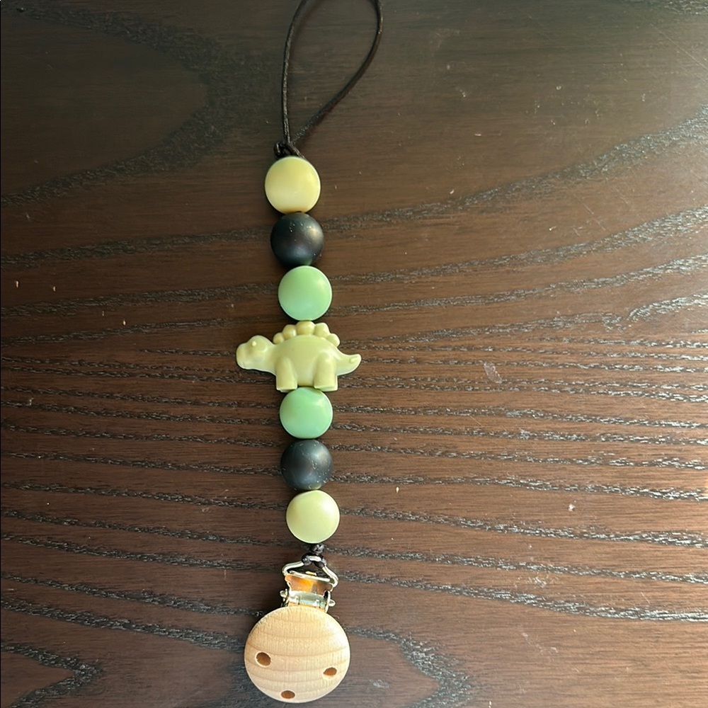 Dinosaur Beaded Pacifier Clip - Green and Black